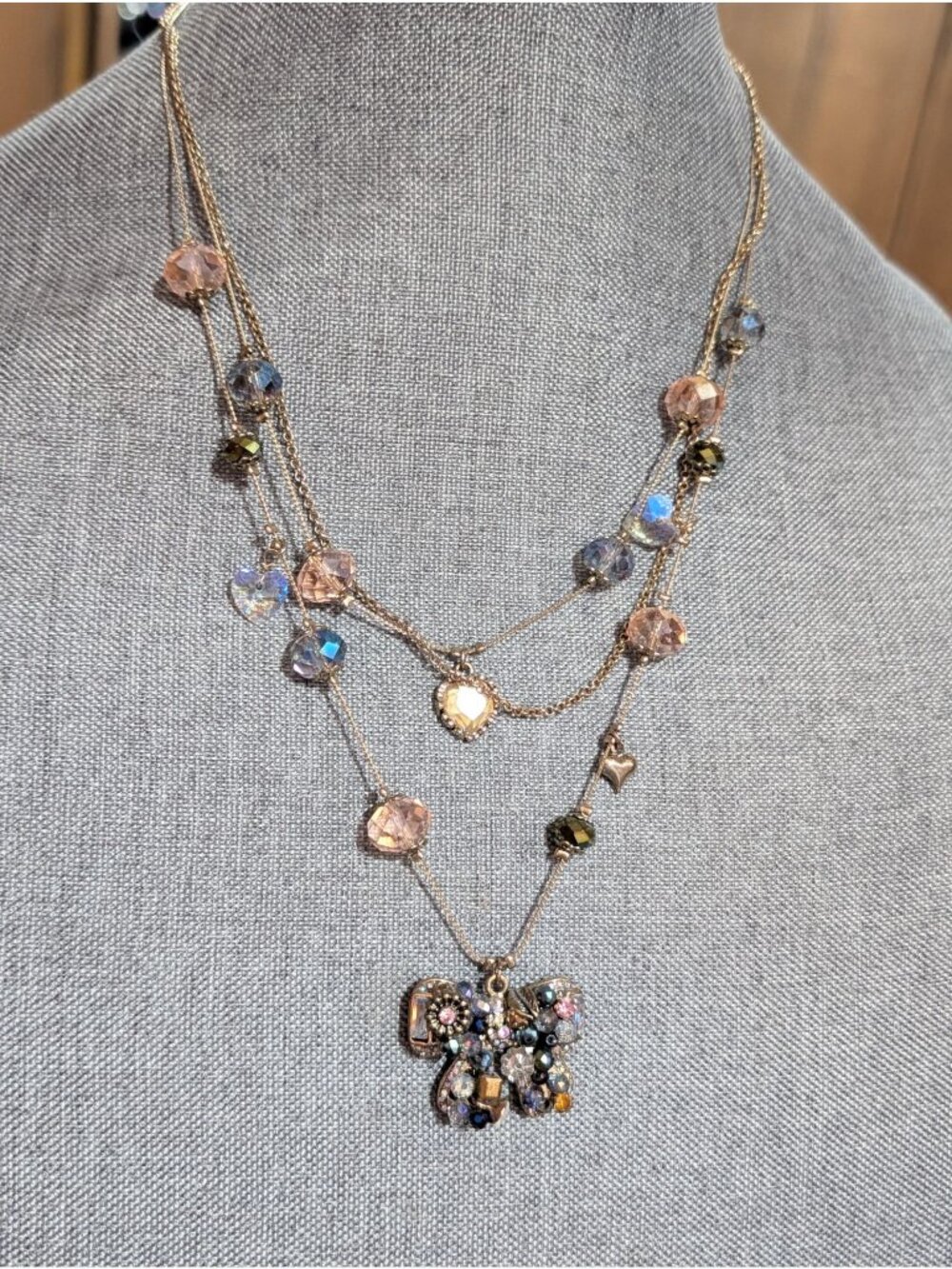 Betsey Johnson Butterfly & Heart Charm Multilayer Necklace w/ Beaded Accents
